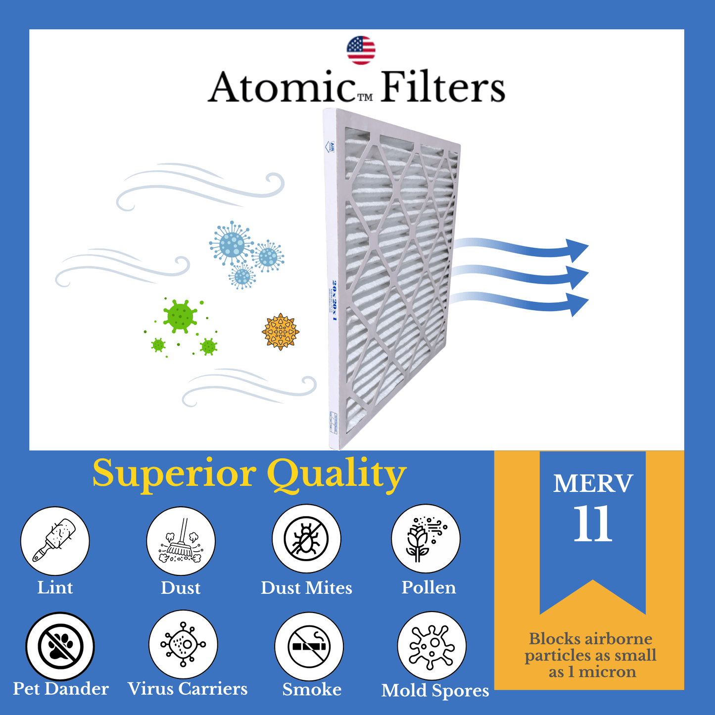 20x20x1 MERV 11 Air Filter - USA Made Pleated HVAC Filters (6 Pack)