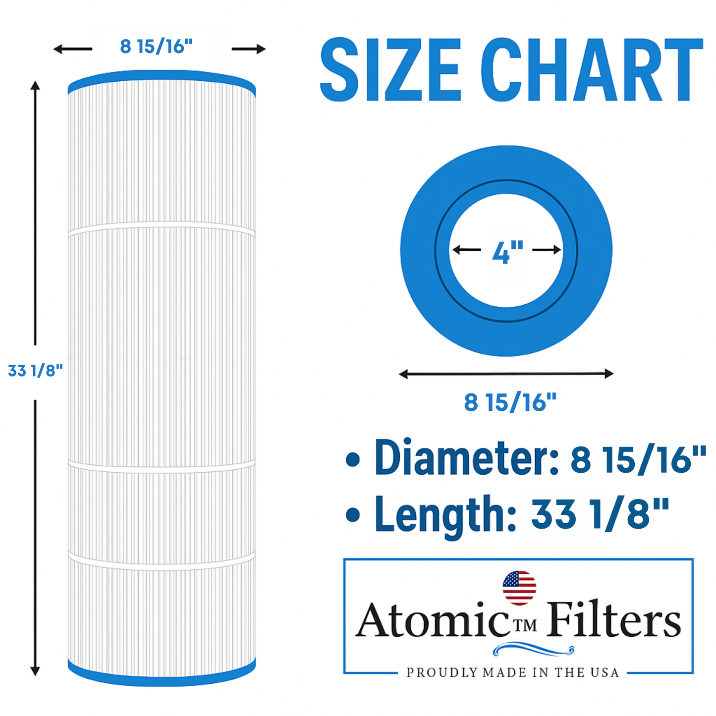 Atomic USA Made Pool Filter Replaces Jandy CS200, PJANCS200, Ultral - B9, R0462400, Unicel C - 8418, Filbur FC - 0823, Aladdin 35002, 200 Sq.ft Filter Cartridge 33 1/8 x 8 15/16