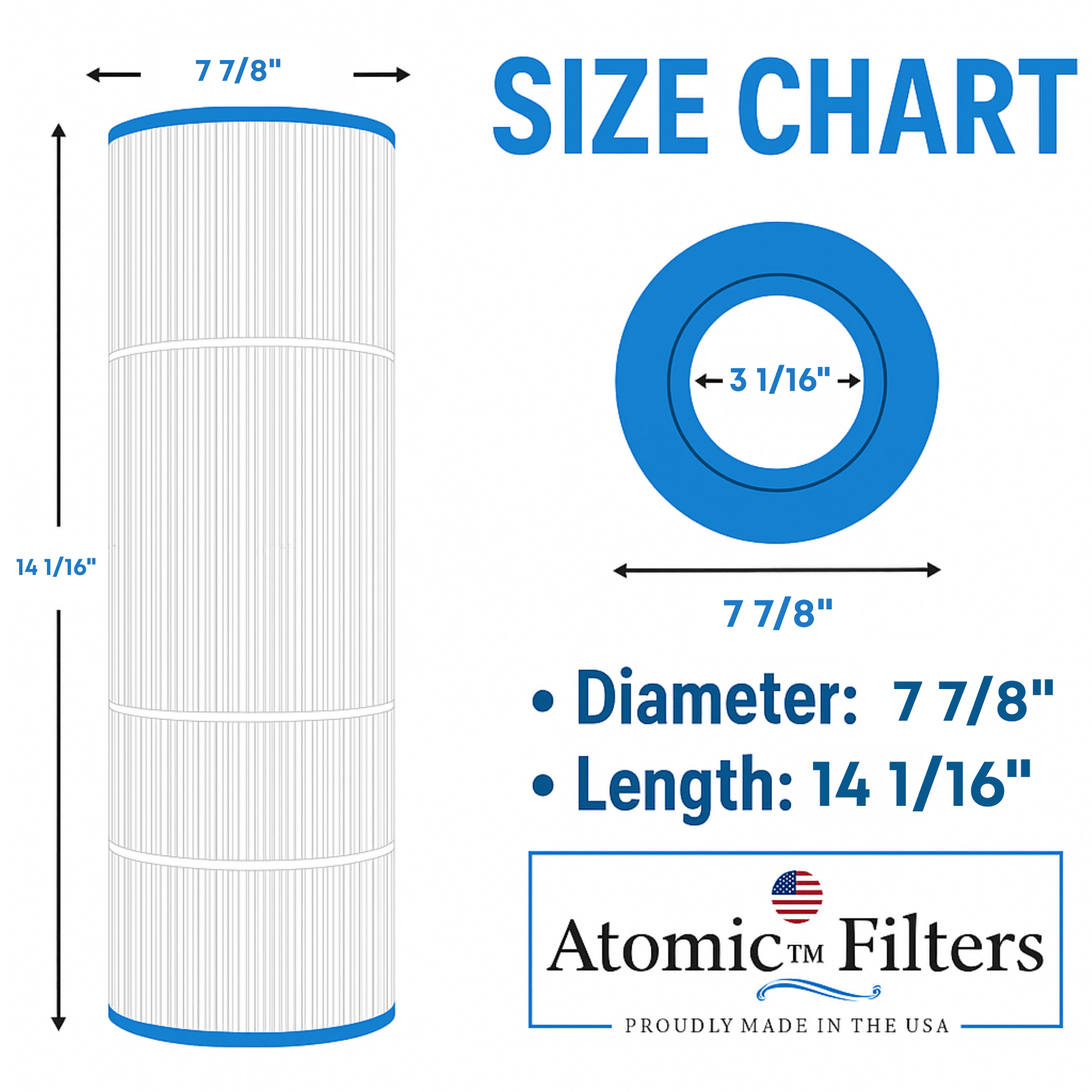 Atomic USA Made Pool Filter replaces Pentair / PacFab Mytilus - B 60GPM PFAB60, C - 7660, FC - 1930 60 sq ft Filter 14 1/16 x 7 7/8 Filter Cartridge