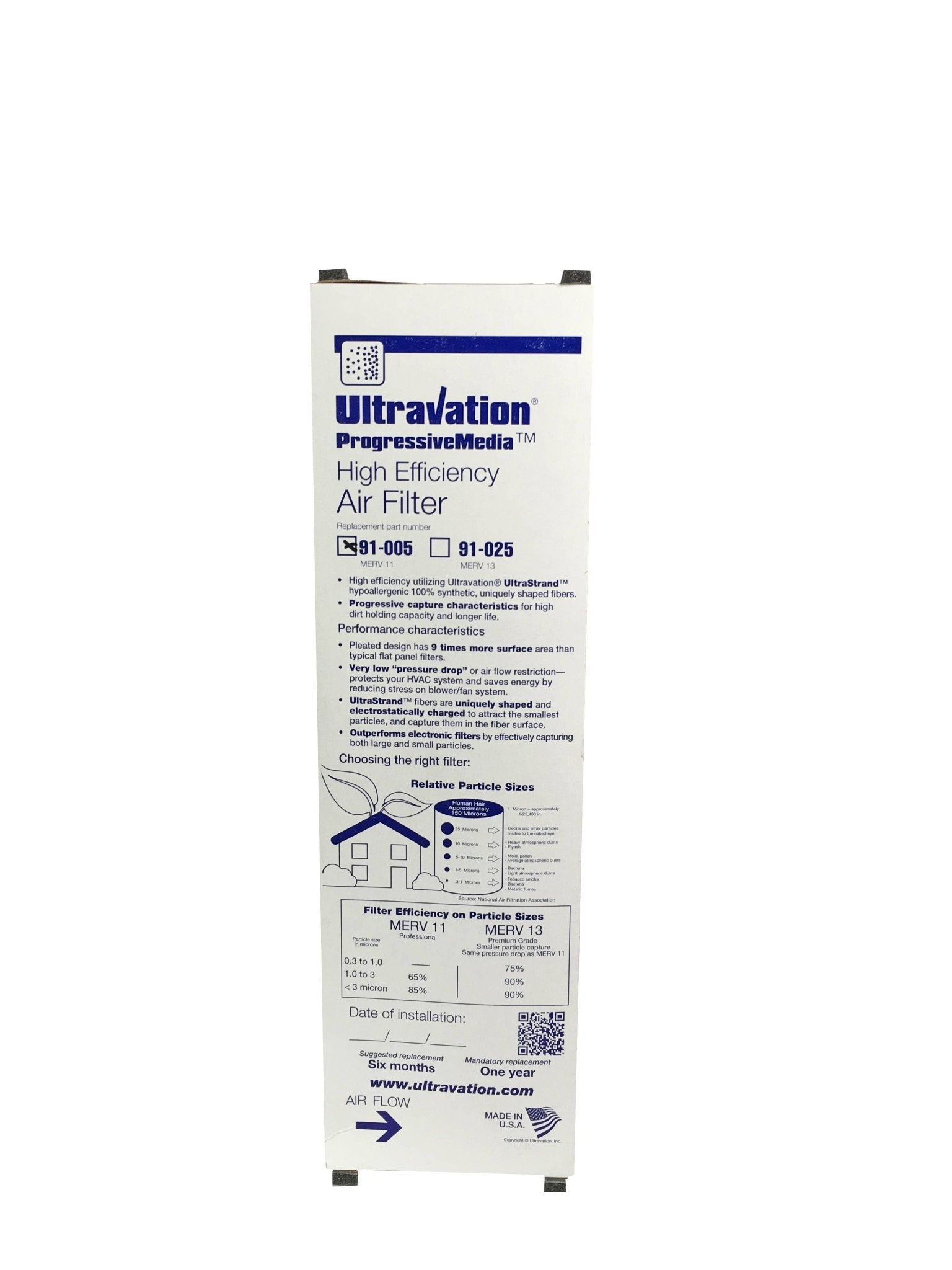 Ultravation 91-005 16x25x5 MERV 11 Replacement Furnace Filter - 1 Pack