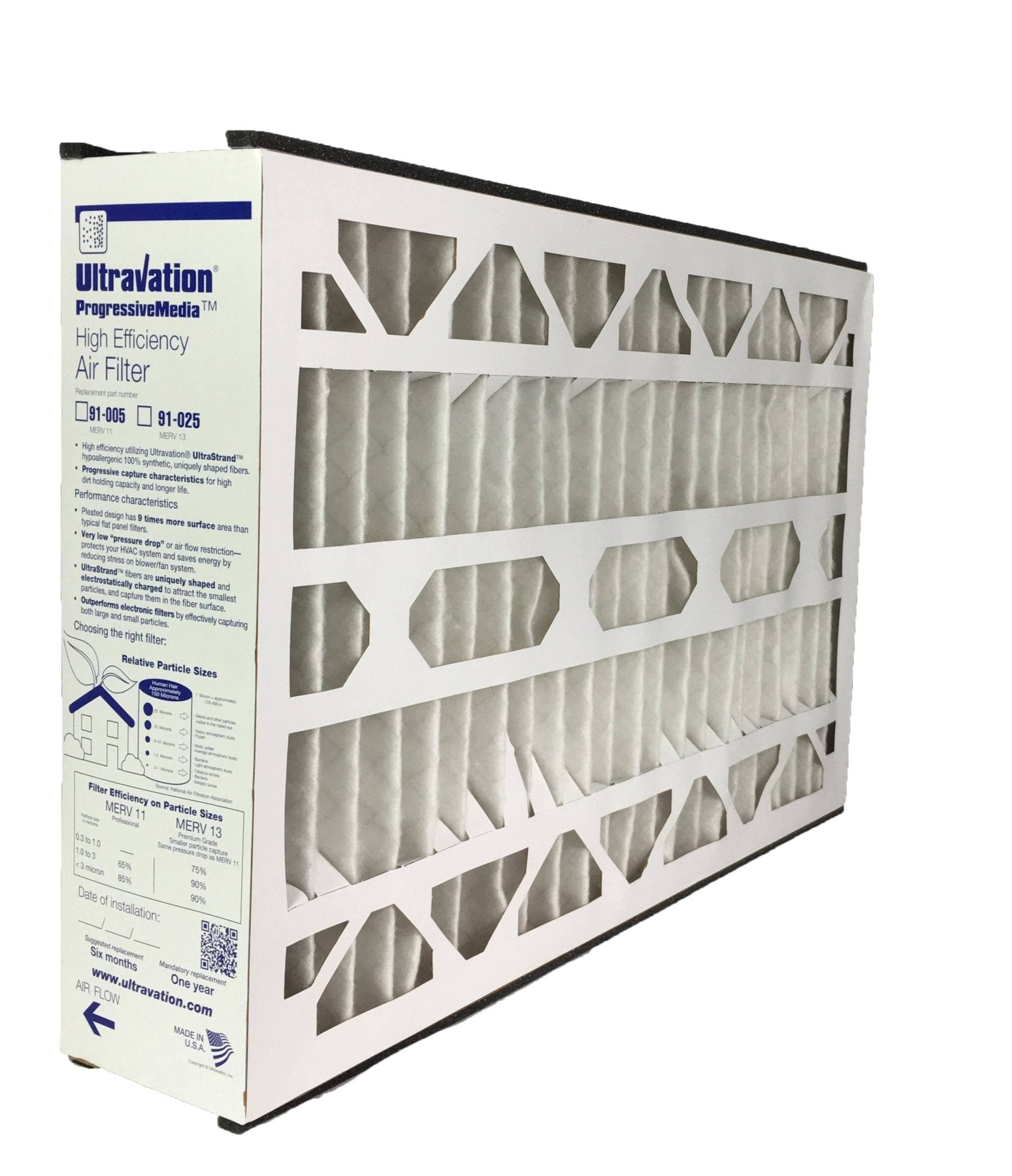 Ultravation 91-025 16x25x5 MERV 13 Replacement Furnace Filter - 1 Pack