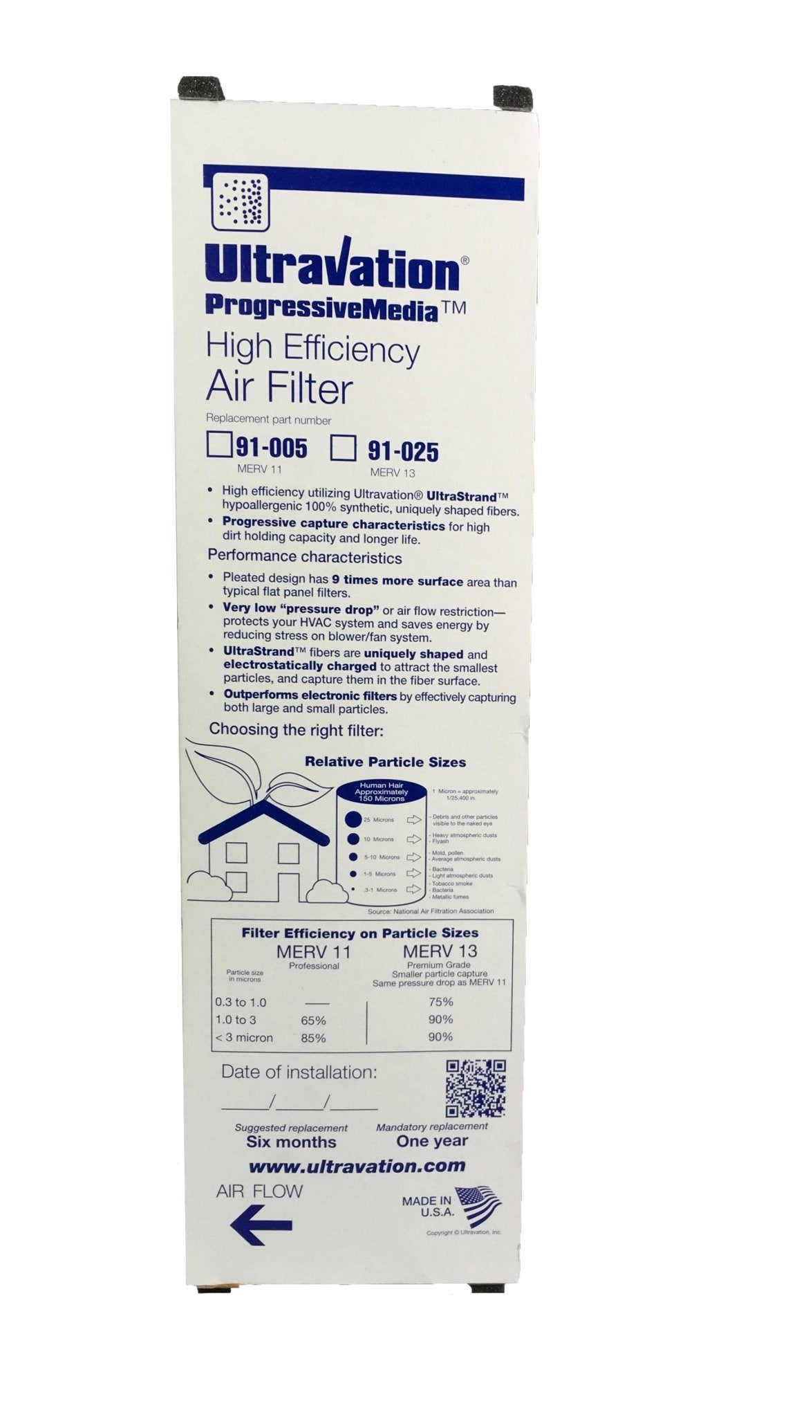 Ultravation 91-025 16x25x5 MERV 13 Replacement Furnace Filter - 1 Pack