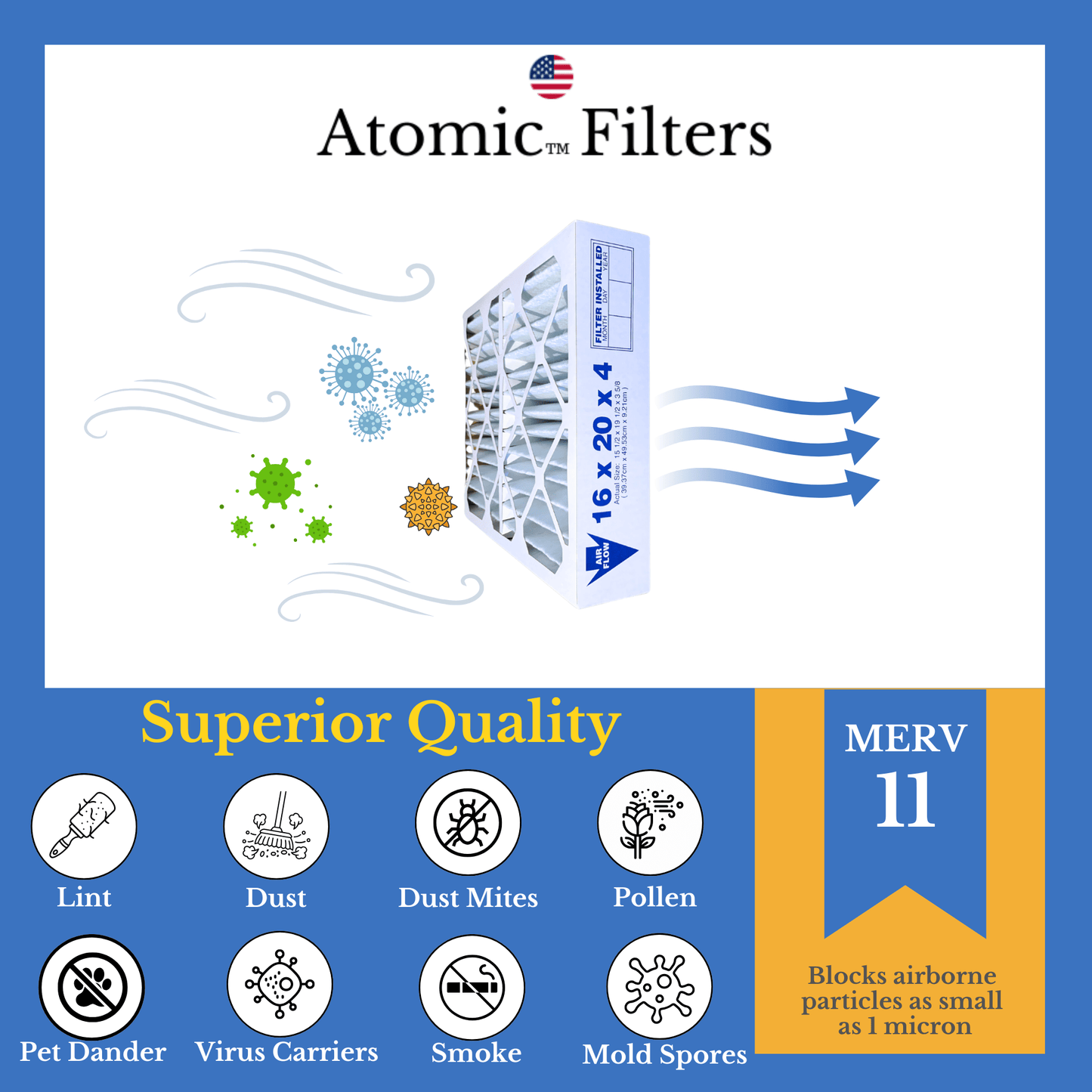16x20x4 MERV 11 Furnace Filter - 3 Pack with MERV 11 particulate chart