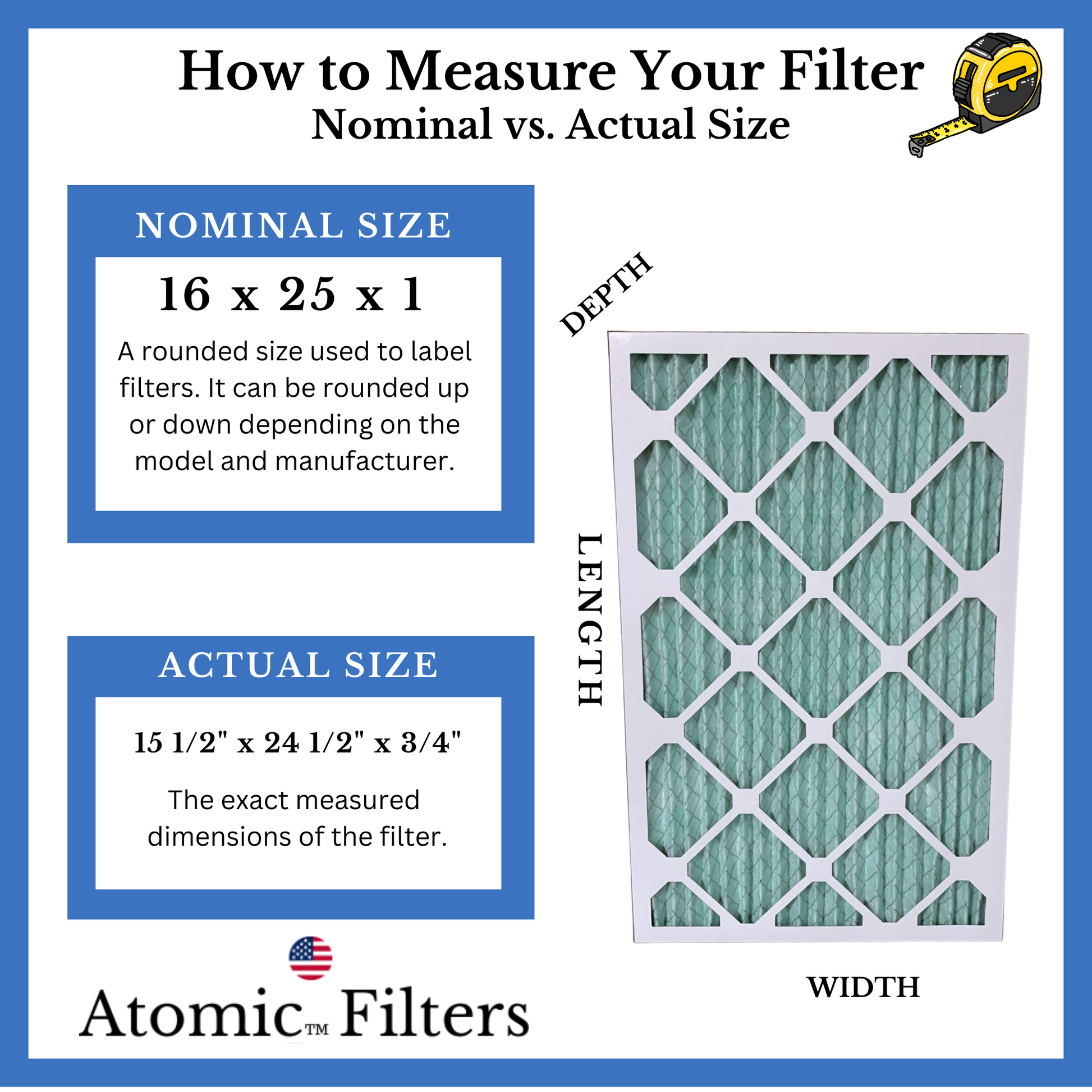 16x25x1 MERV 13 Furnace AC filter with actual size by Atomic 