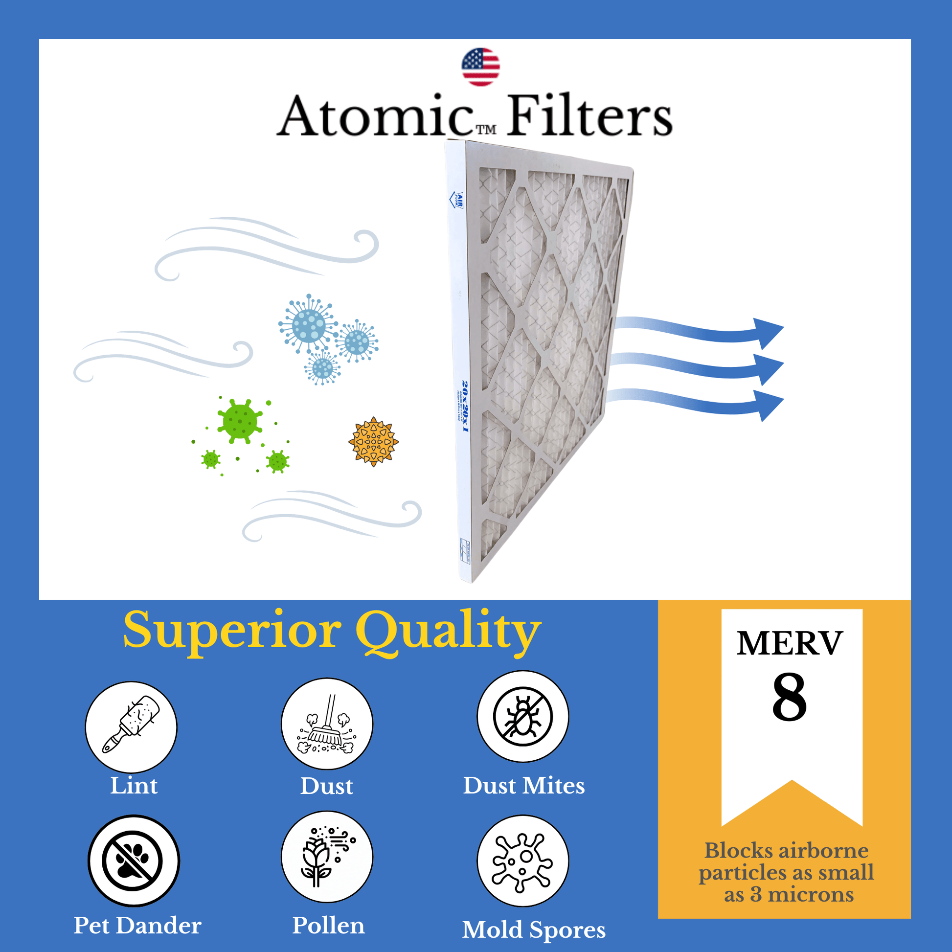 20x20x1 MERV 8 Air Filter | Made in USA | Case of 6 | Budget - Friendly