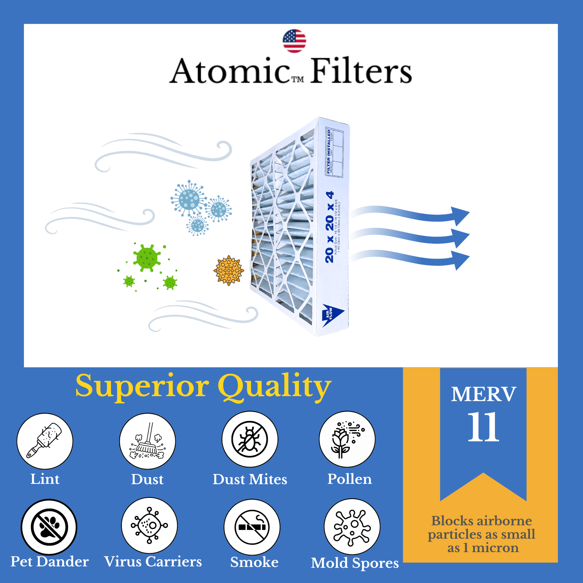20x20x4 MERV 11 Furnace Filter compatible for TopTech TT - FM - 2020 TTFM2020, TT - FM - 2020QB for use in Carrier TT - MAC - 2122 TT - MAC - 2020 (3 Pack)
