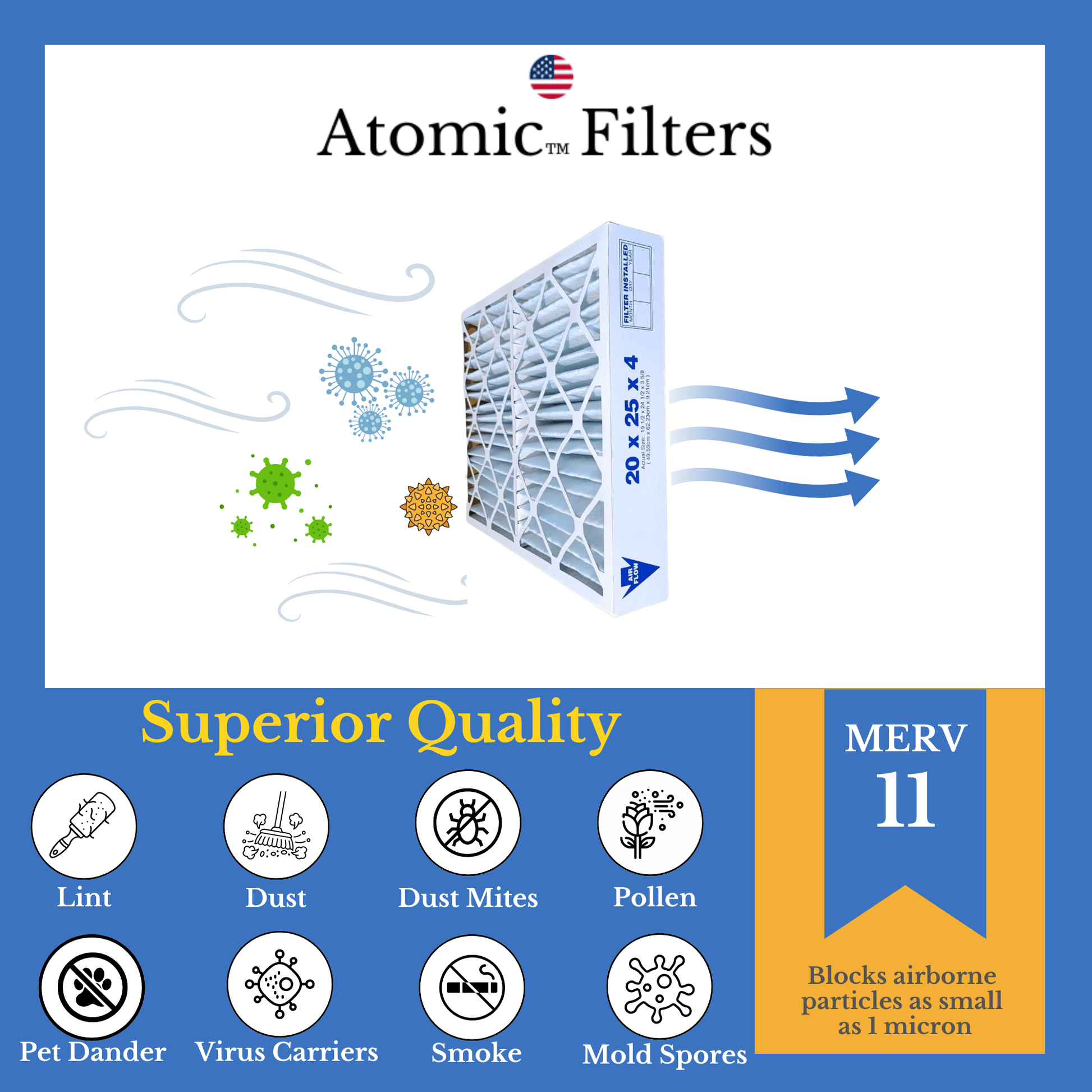 20x25x4 MERV 11 Furnace Filter compatible for TopTech TT - FM - 2025 TTFM2025, TT - FM - 2025QB for use in Carrier TechPure TT - MAC - 2522 TT - MAC - 2025 - 3 Pack