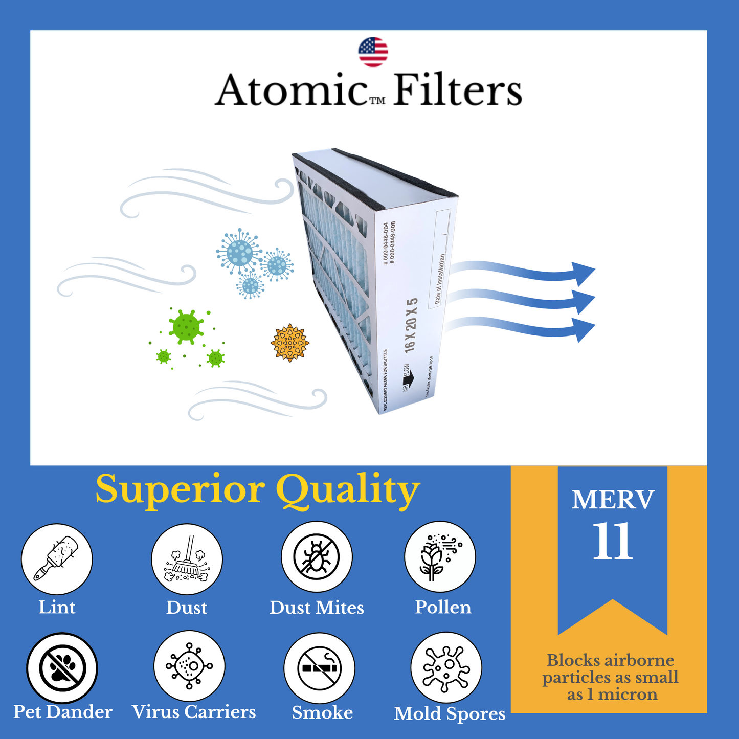 MERV 11 Rating Atomic Compatible Skuttle 000-0448-008 for 20X16X5 MERV 11 Furnace Filter