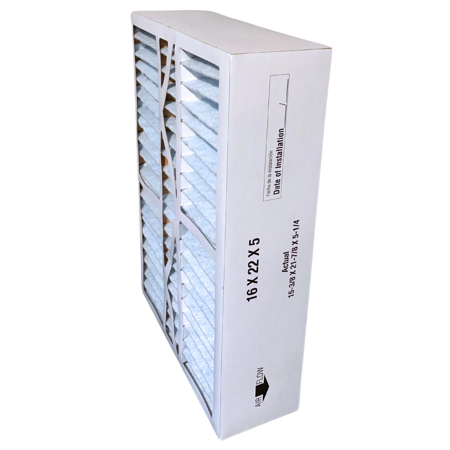 Filter on side angle standing with front of filter showing - Atomic Compatible M0-1056 16x20x5 MERV 11 Goodman, Amana & Five Seasons Furnace Filter