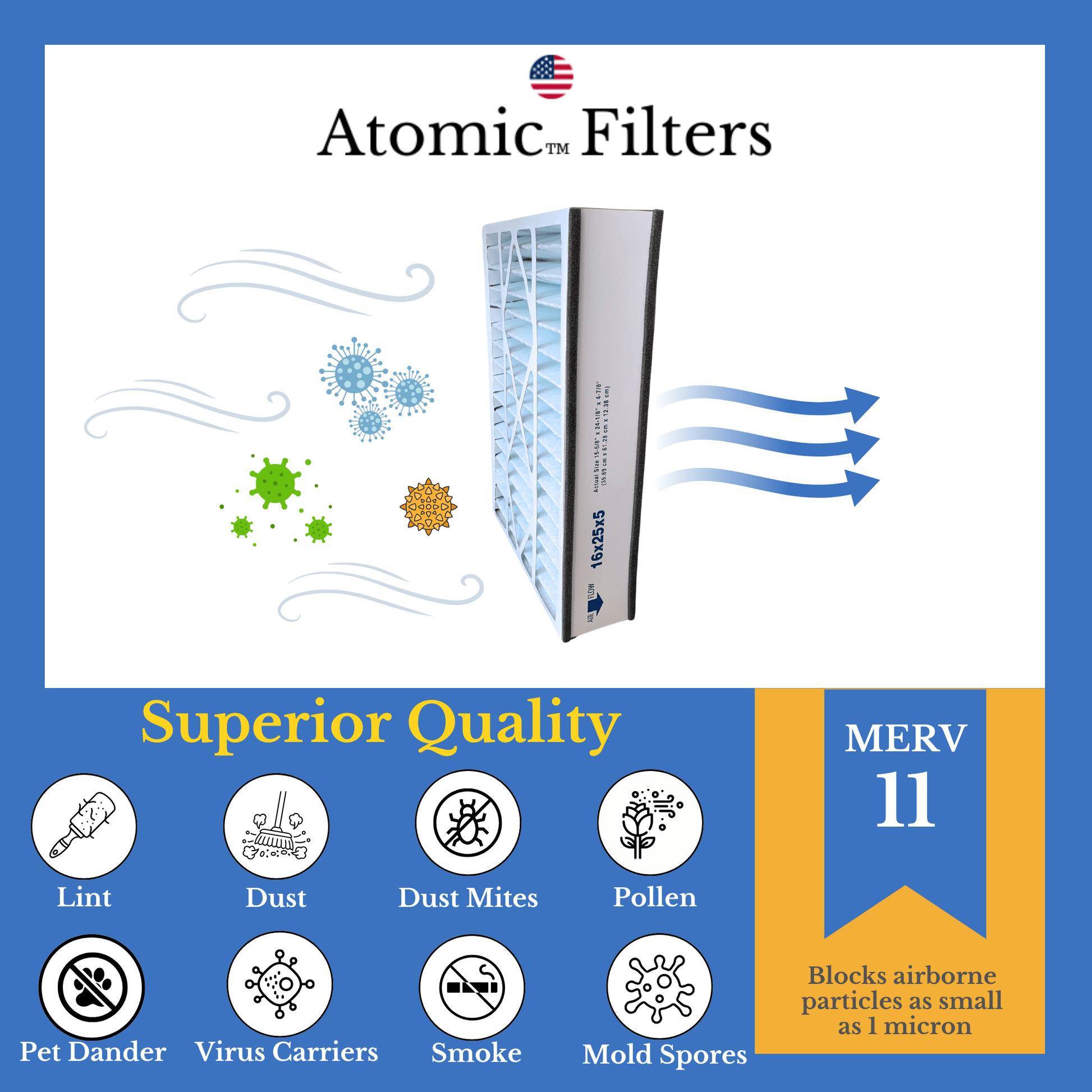 Atomic Compatible 16x25x5 MERV 11 Air Bear 255649 - 105 Replacement Whole House Filter - 2 Pack