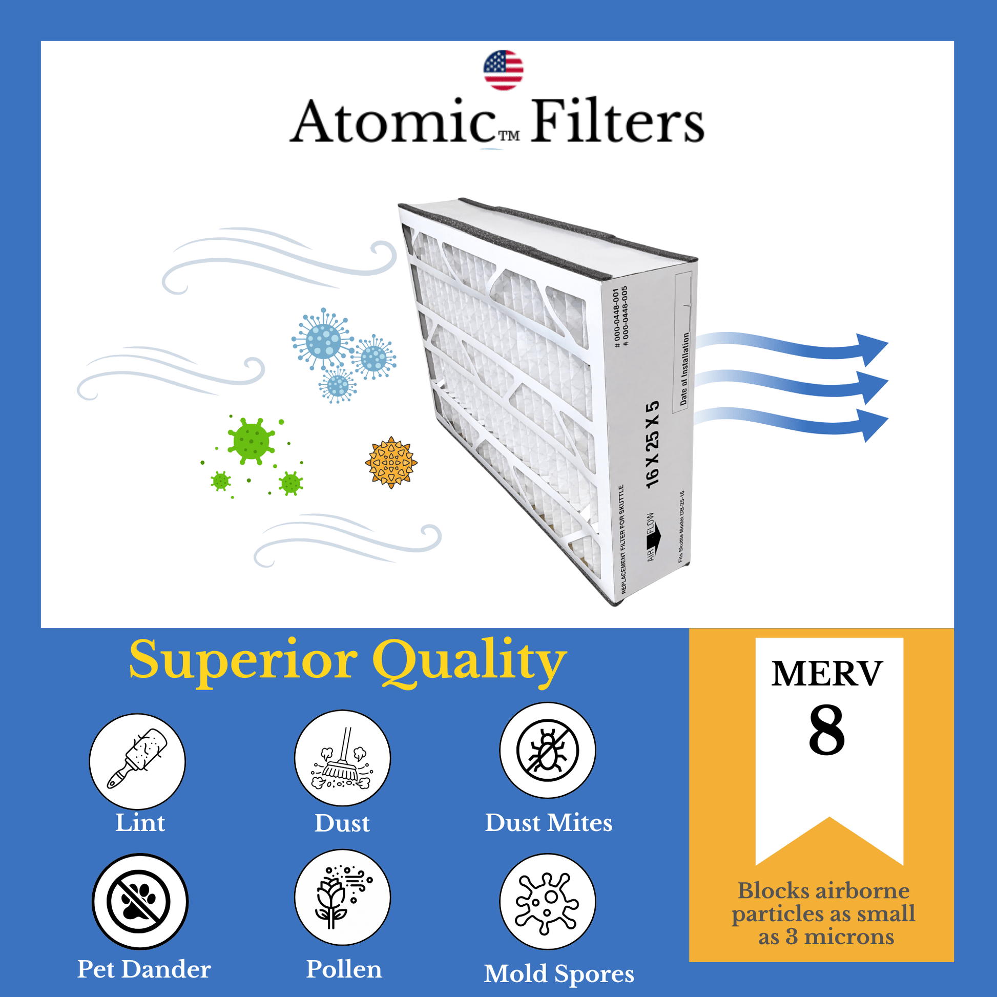 Atomic Compatible for Skuttle 000 - 0448 - 001 25X16X5 MERV 8 DB - 25 - 16 448 - 1 Furnace Filter - 2 Pack