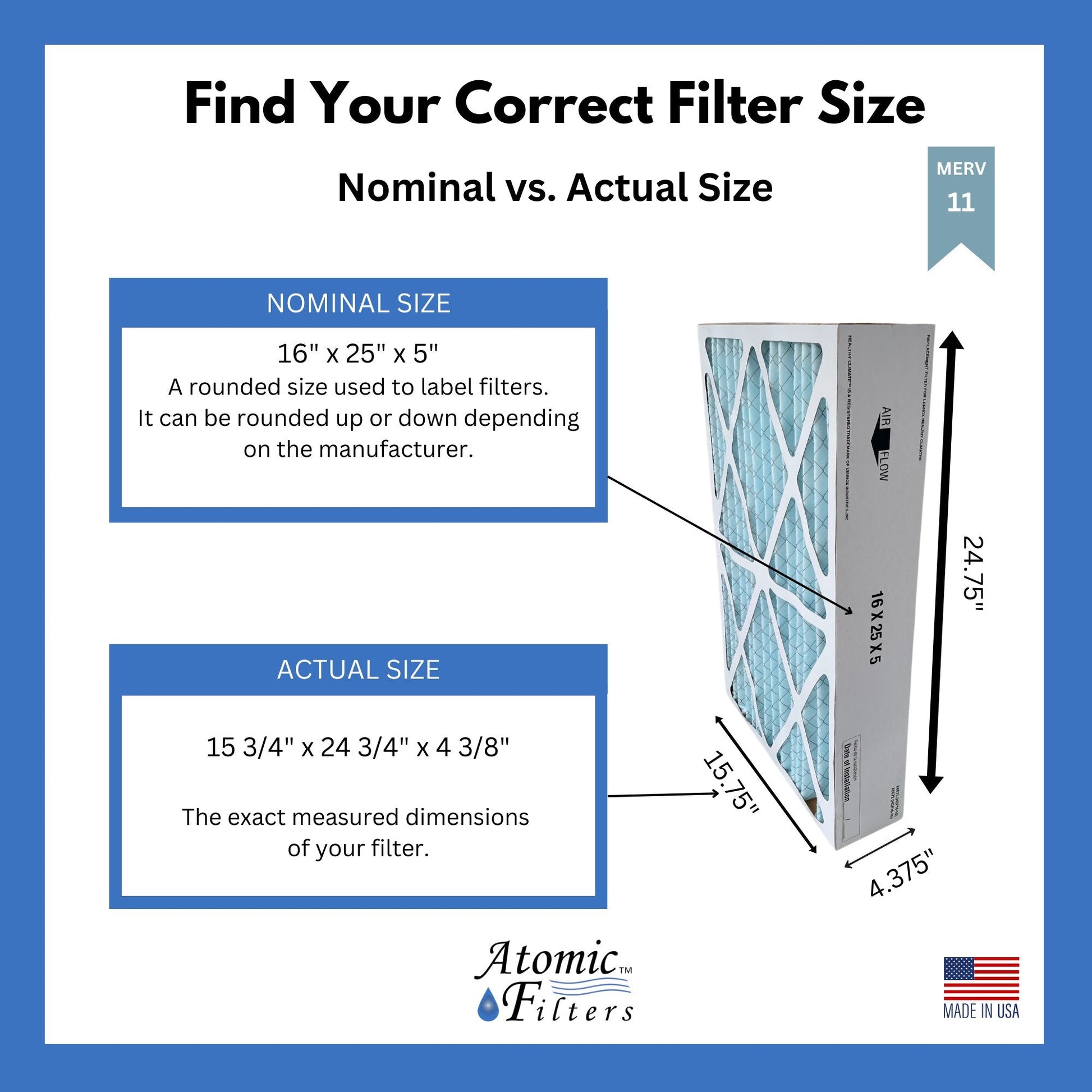 Atomic EXPXXFIL0016 16x25x5 Carrier Replacement MERV 11 Air Filter - 2 Pack