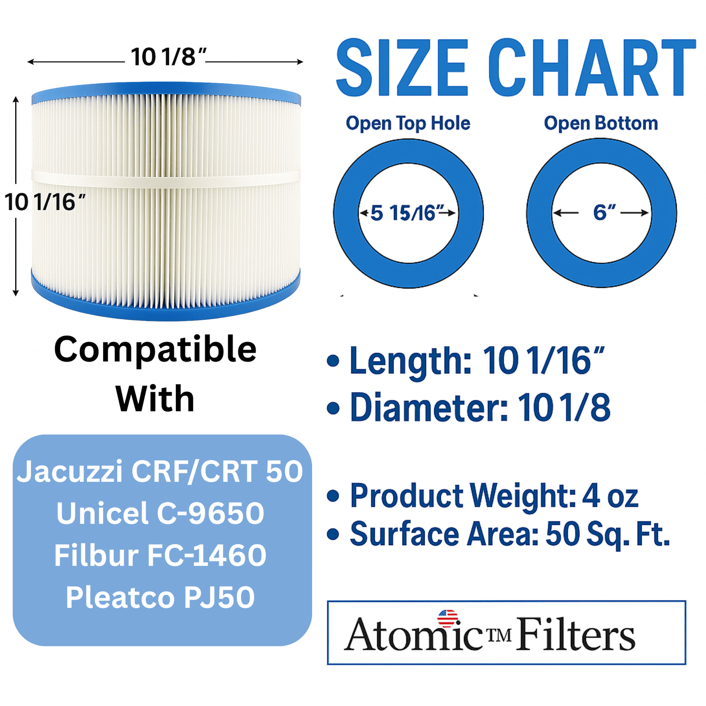 Atomic USA Made Pool Filter replaces Jacuzzi CFR/CFT 50, Pleatco PJ50, Unicel C - 9650, Filbur FC - 1460 50 sq ft Filter Cartridge