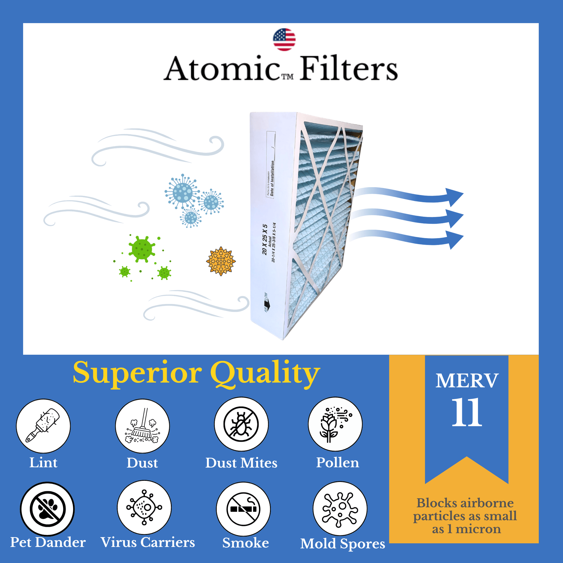 M8 - 1056 20x25x5 (Actual Size: 20 - 1/4 x 25 - 3/8 x 5 - 1/4) MERV 11 Replacement Furnace Filter (Pack of 2)