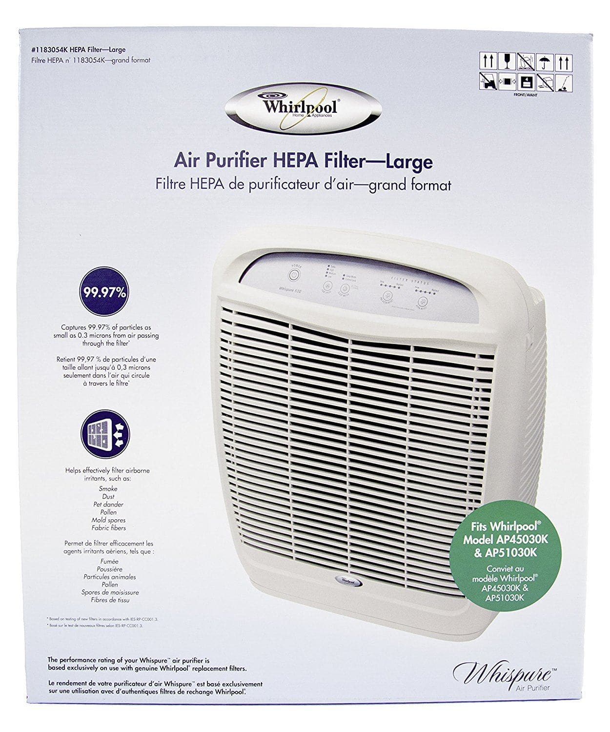 Genuine OEM Whirlpool 1183054K HEPA Whispure Air Purifier Models AP450 and AP510 Bundled with Whirlpool 8171434K Carbon Pre-Filter 4-Pack