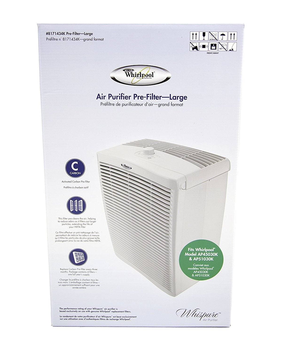 Genuine OEM Whirlpool 1183054K HEPA Whispure Air Purifier Models AP450 and AP510 Bundled with Whirlpool 8171434K Carbon Pre-Filter 4-Pack