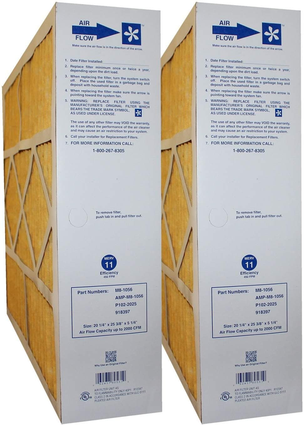 Goodman / Five Seasons M8-1056 Totaline P102-2025 20x25x5 MERV 11 Furnace Filter - 3 Pack