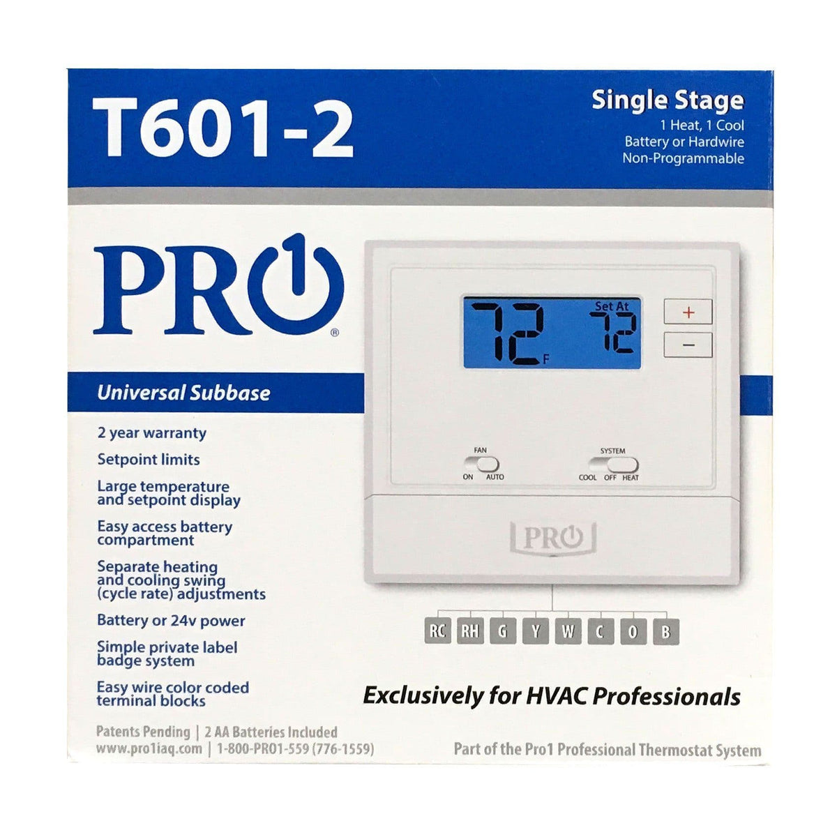 T600 PF: T601-2 Thermostat non-programmable 1H/1C with 2 sq. in. display