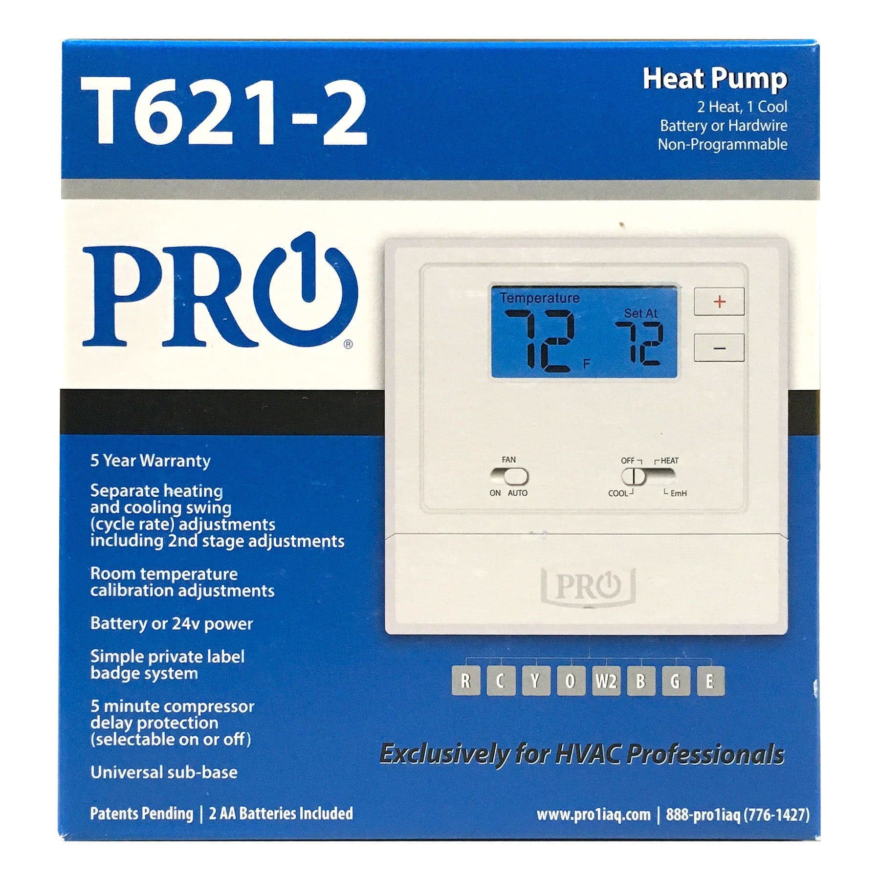 T600 PF : T621-2 non-programmable Thermostat 2H/1C heat pump w/2 sq.in display