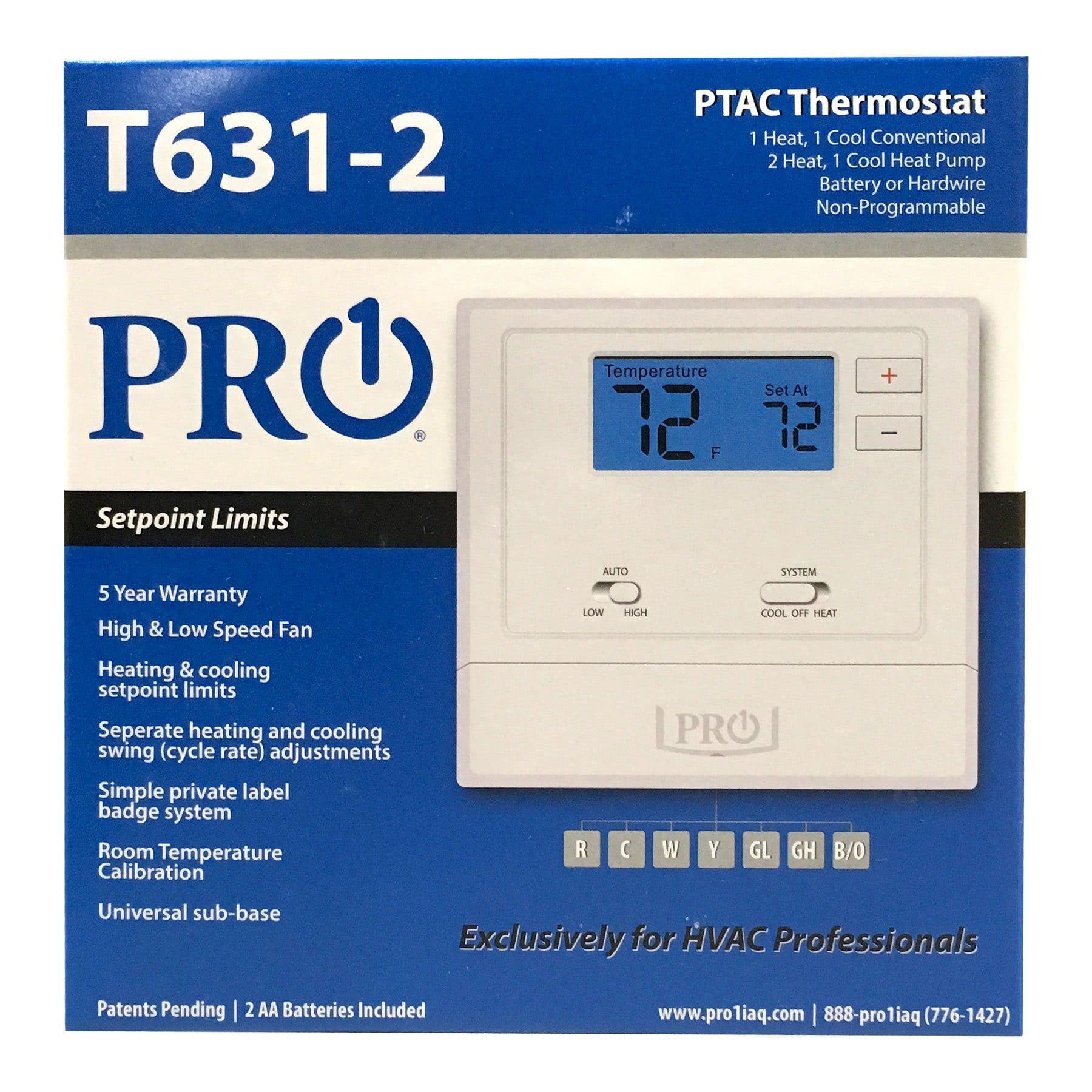 T600 PF: T631-2 Thermostat Wired PTAC thermos NP 1H/1C CV or 2H/1C HP w/2 sqin