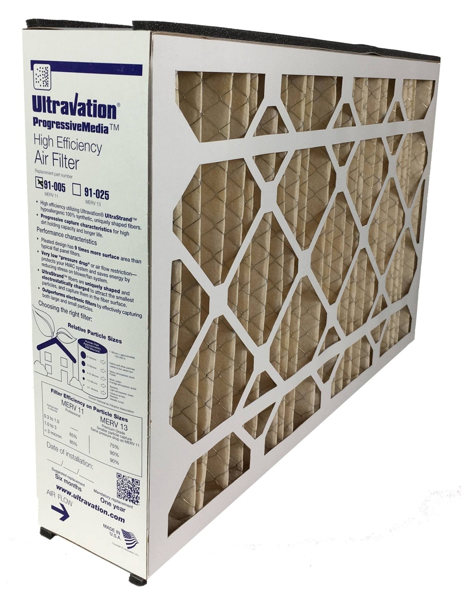 Ultravation 91-005 16x25x5 MERV 11 Replacement Furnace Filter - 1 Pack