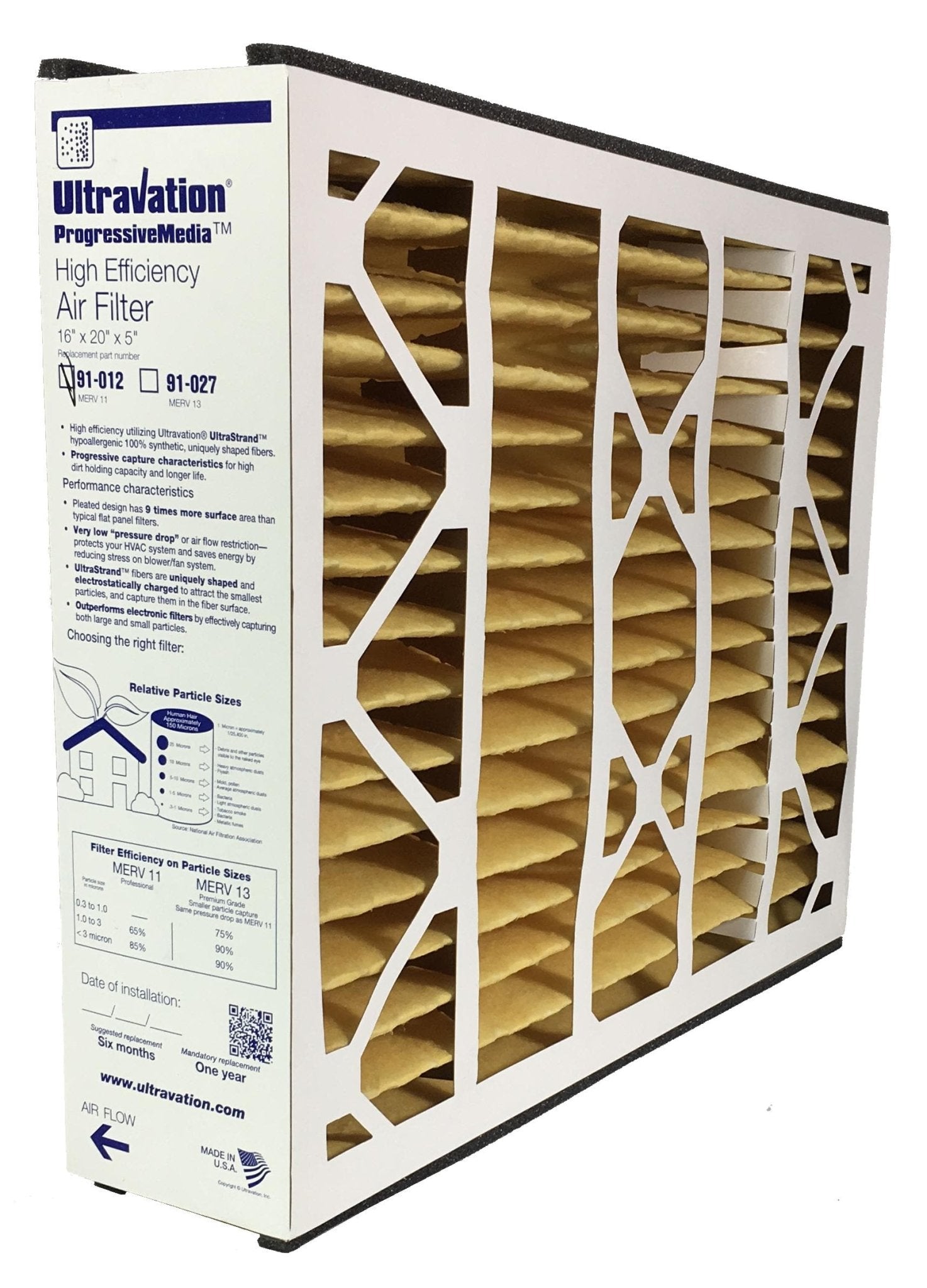 Ultravation 91-012 16x20x5 MERV 11 Replacement Furnace Filter - 2 Pack
