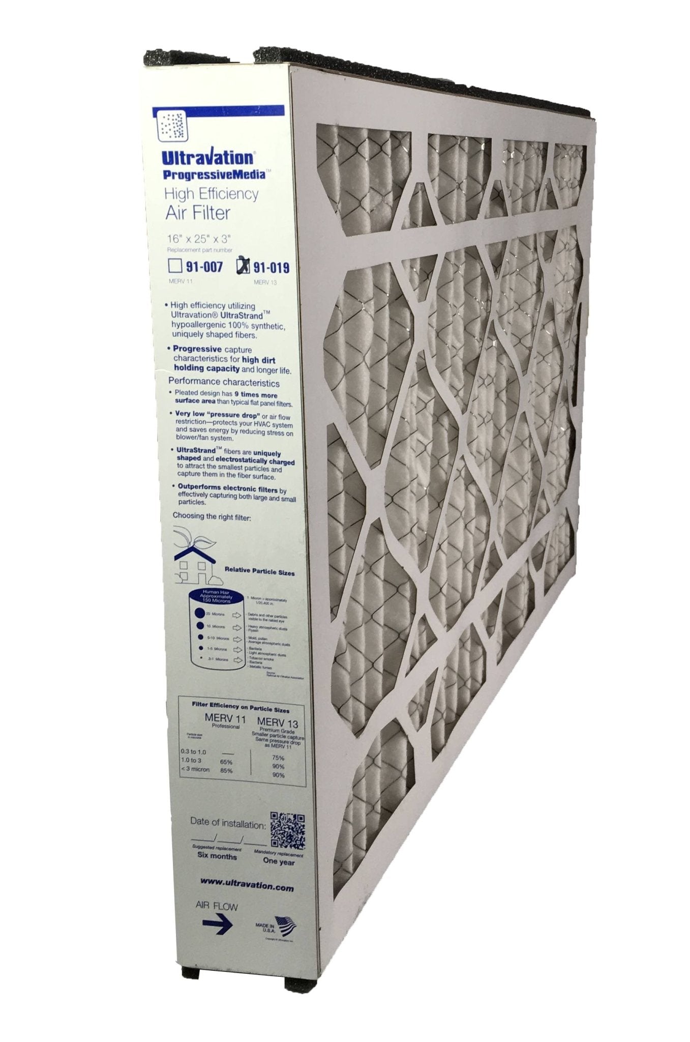 Ultravation 91-019 16x25x3 MERV 13 Replacement Furnace Filter - 1 Pack
