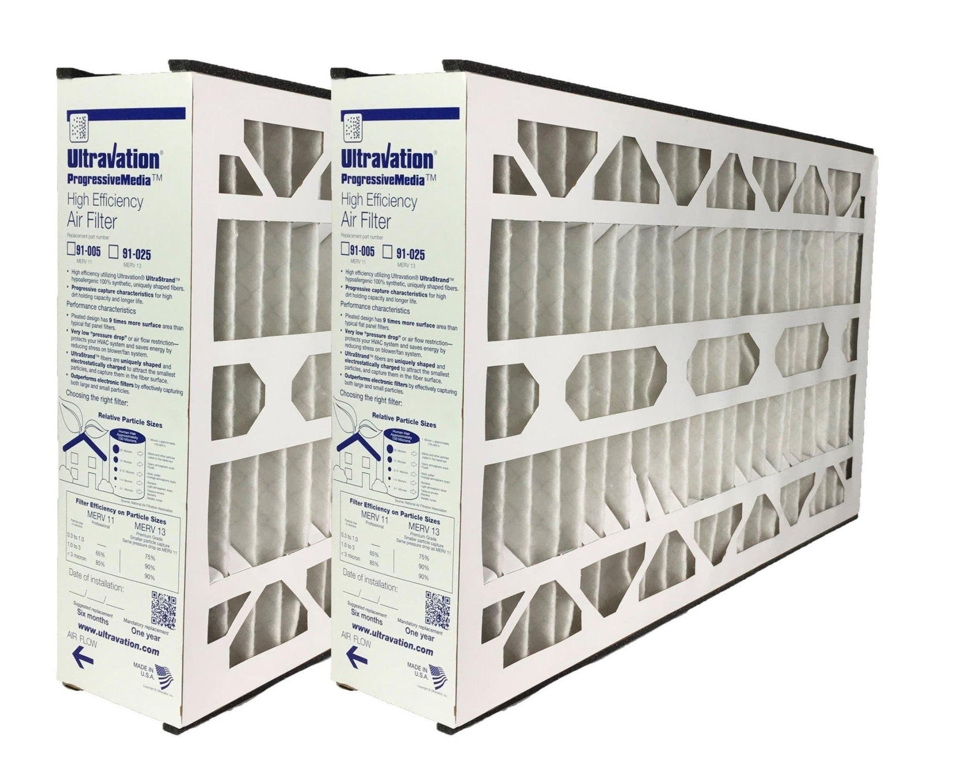 Ultravation 91-025 16x25x5 MERV 13 Replacement Furnace Filter - 2 Pack