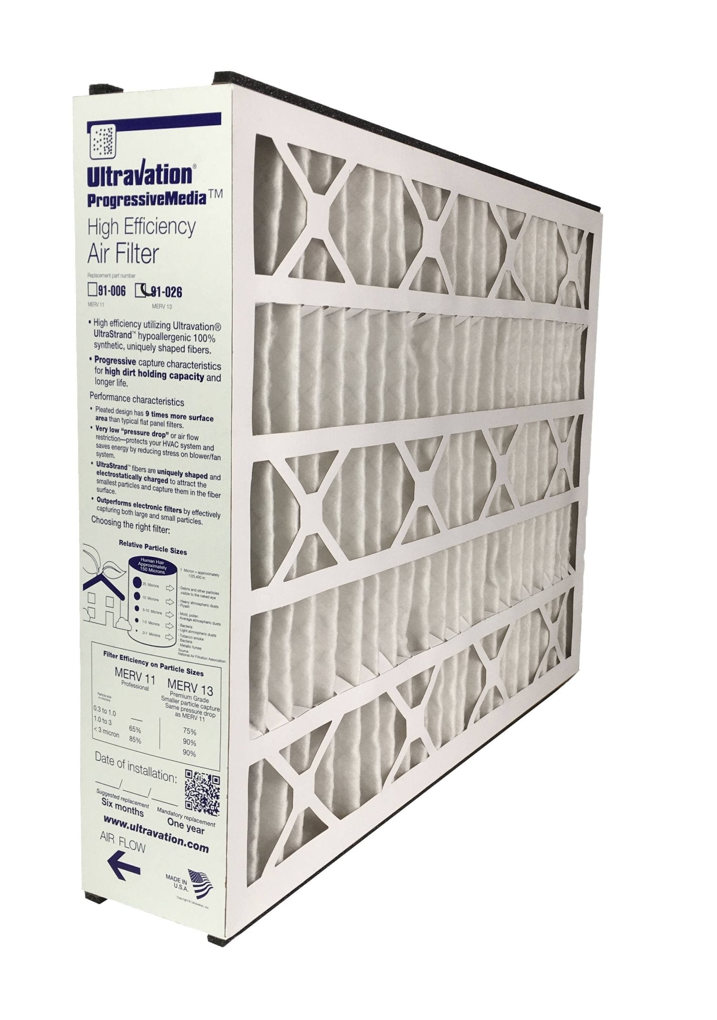 Ultravation 91-026 20x25x5 MERV 13 Replacement Furnace Filter - 1 Pack