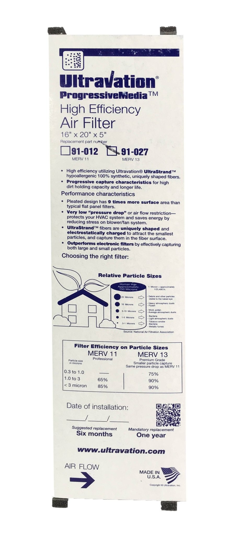 Ultravation 91-027 16x20x5 MERV 13 Replacement Furnace Filter - 2 Pack