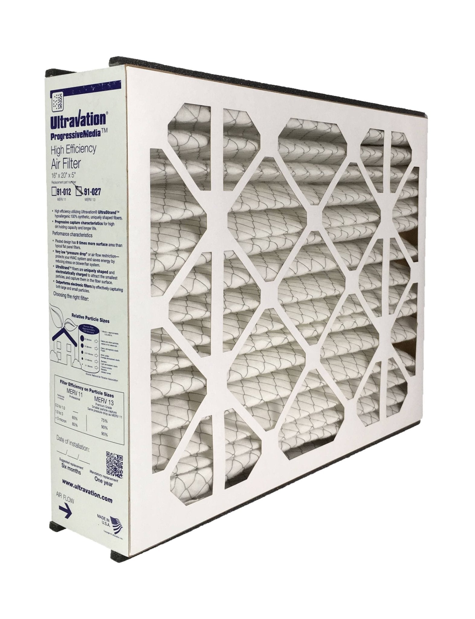 Ultravation 91-027 16x20x5 MERV 13 Replacement Furnace Filter - 2 Pack