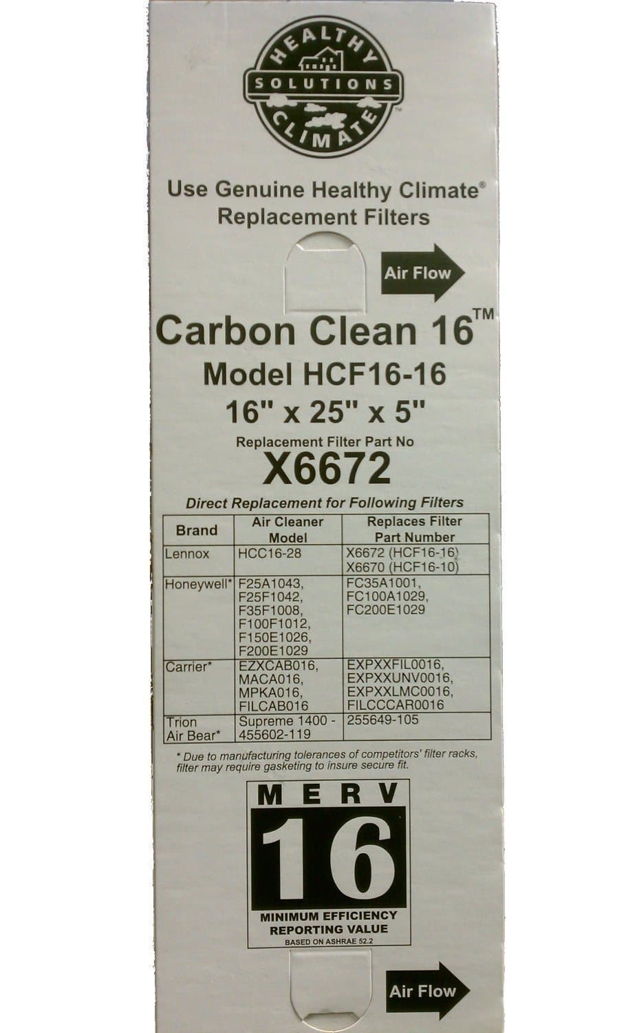 X6672 Lennox Healthy Climate 16x25x5 Merv 16 Filter- 2 pack