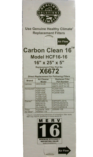 X6672 Lennox Healthy Climate 16x25x5 Merv 16 Filter- 2 pack